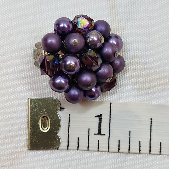 Vintage Cluster Clip On Earrings Japan Purple Faux Pearl And Glass Bead 1" - Picture 4 of 4